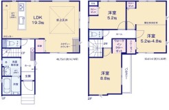 ～間取り変更も可能なプラン～
・２階１０帖の洋室は間仕切りを造る事で２部屋に分ける事が可能。
・ご家族の状況に応じて部屋の数を変更できるプランです。
（２号棟）