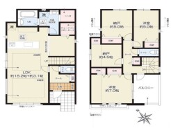 ～間取り変更も可能なプラン～
・1階21.3帖の洋室は間仕切りを造る事で２部屋に分ける事が可能。
・ご家族の状況に応じて部屋の数を変更できるプランです。
