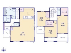 ～間取り変更も可能なプラン～
・１階22.1帖のLDKは間仕切りを造る事で２部屋に分ける事が可能。
・ご家族の状況に応じて部屋の数を変更できるプランです。
