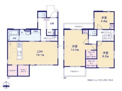 ～間取り変更も可能なプラン～
・２階１４.４帖の洋室は間仕切りを造る事で２部屋に分ける事が可能。
・ご家族の状況に応じて部屋の数を変更できるプランです。
(１号棟)